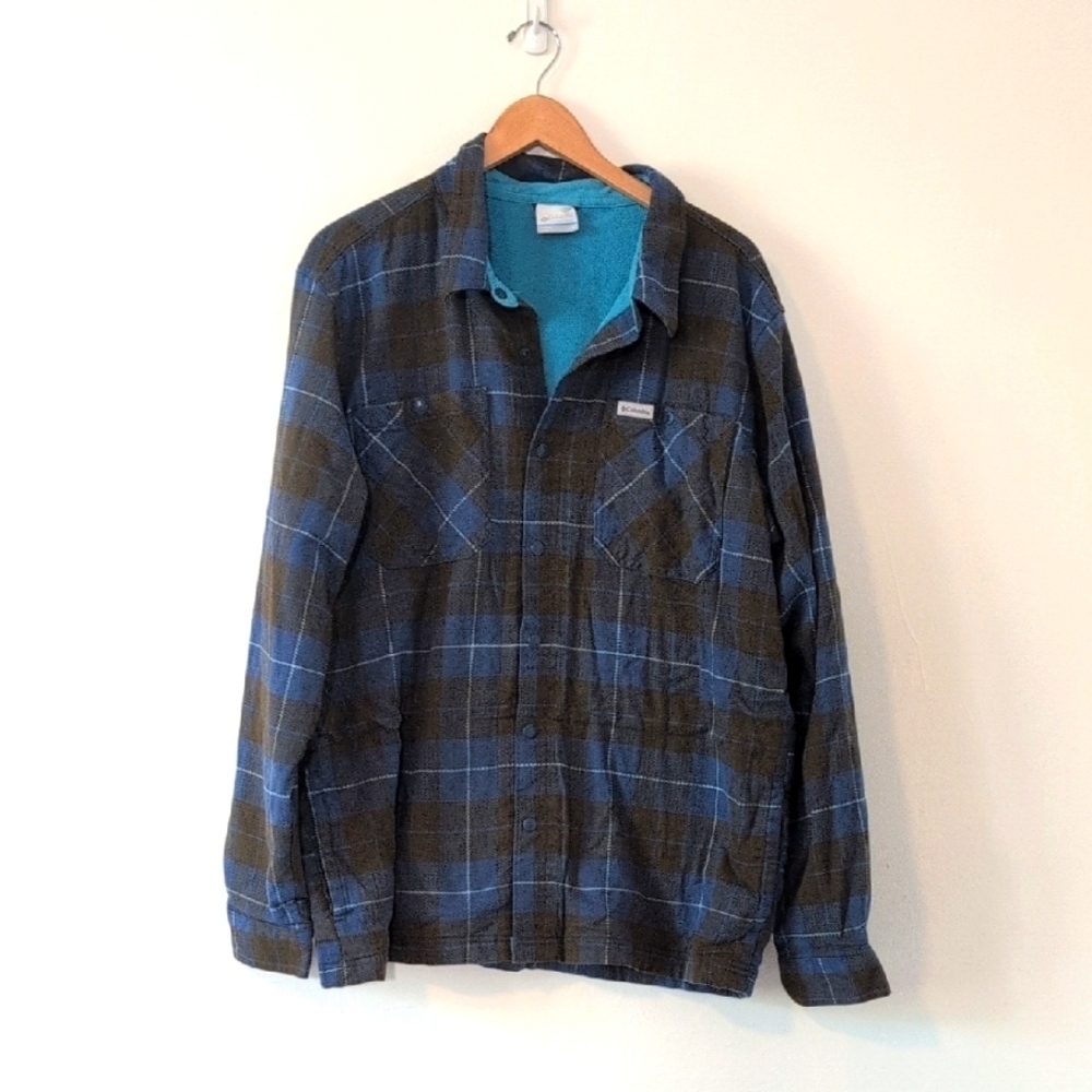 Columbia Plaid Fleece Lined Shacket Jacket Over Shirt Snaps Blue Brown Sz Large